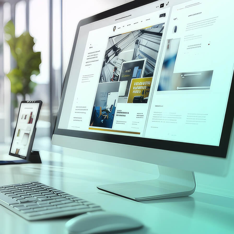 デスクのモニターに表示されたWebサイトのデザイン