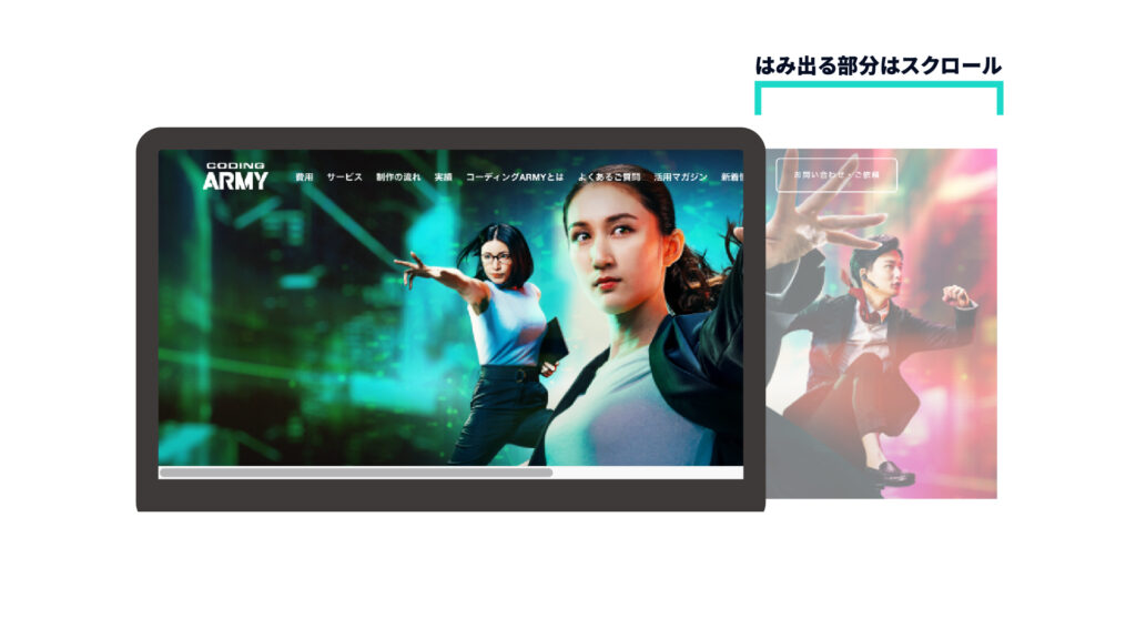 ※コンテンツ幅より画面が小さくなった際の、スクロールありの見え方